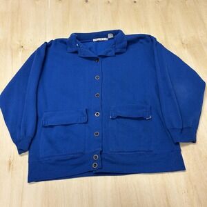 Vintage Chinawear Sweatshirt Mens Large Blue Fleece Button Collared Cardigan